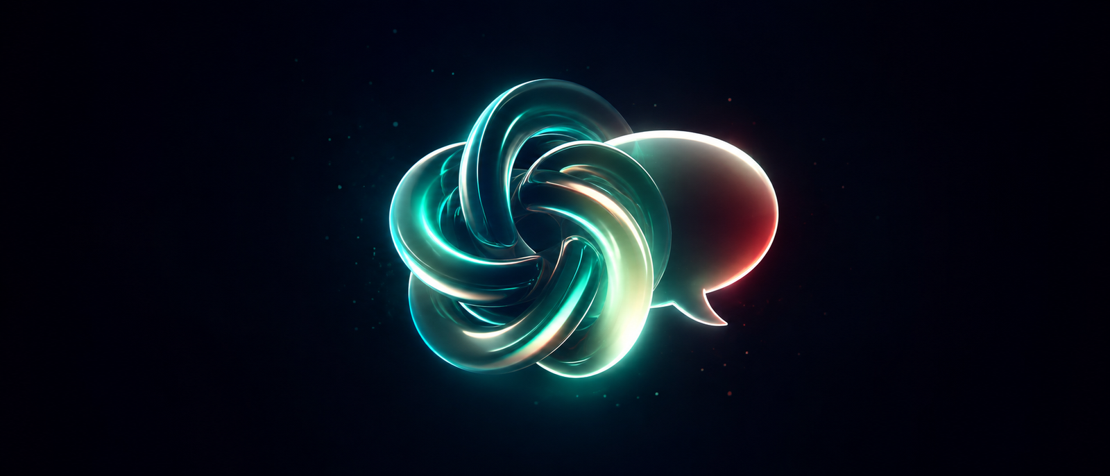 Forma abstrata em nó luminoso com um balão de fala, em teal e ciano sobre fundo navy, representando o ChatGPT em português de Portugal