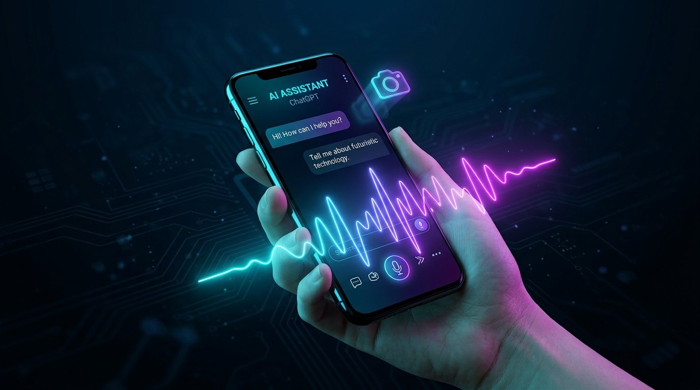 Mão a segurar um smartphone com interface do ChatGPT e ondas de voz neon