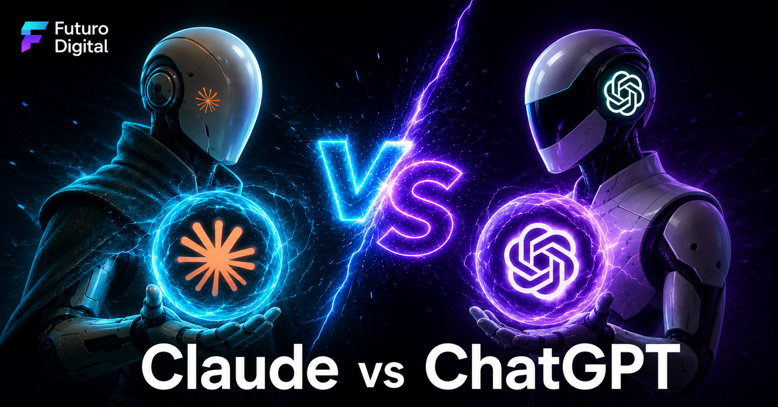 Orb ciano versus orb violeta a representar o confronto entre Claude e ChatGPT
