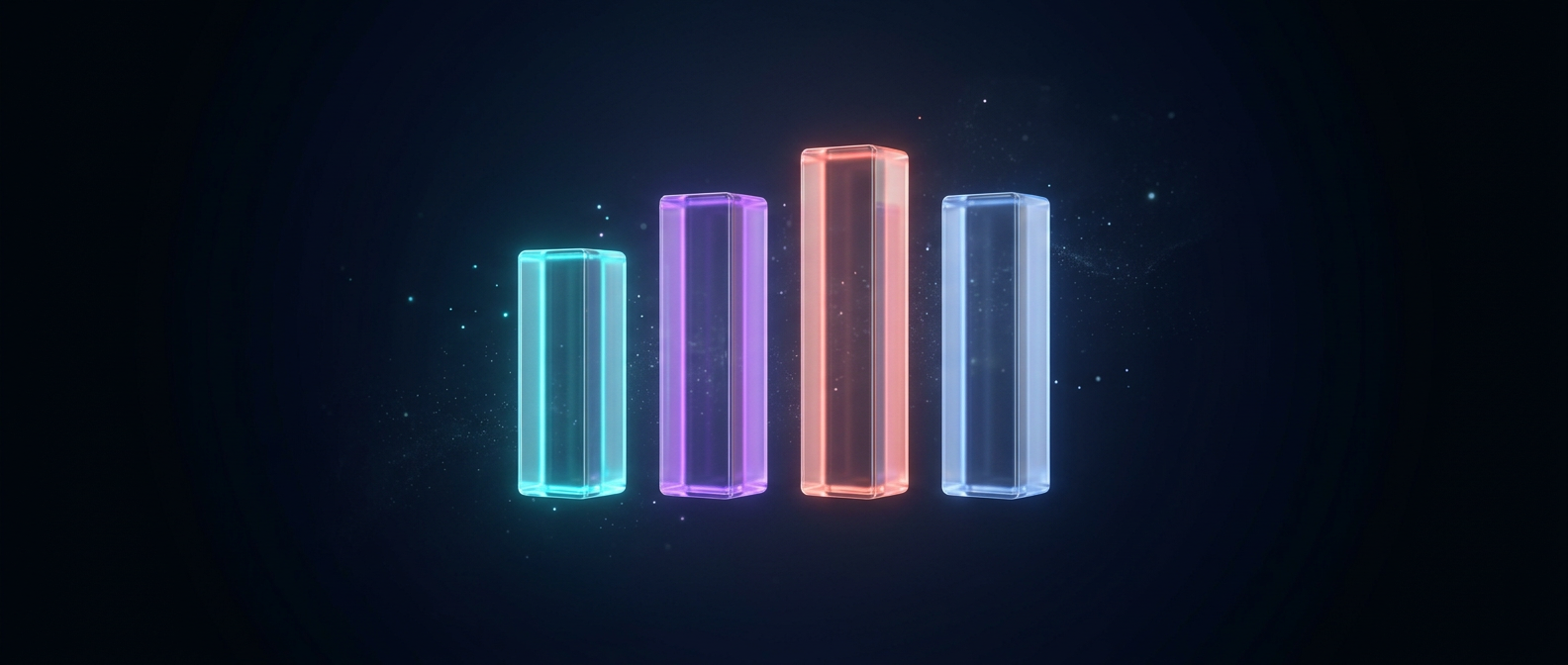 Colunas de vidro luminosas de várias cores sobre fundo navy, representando uma comparação de preços de IAs