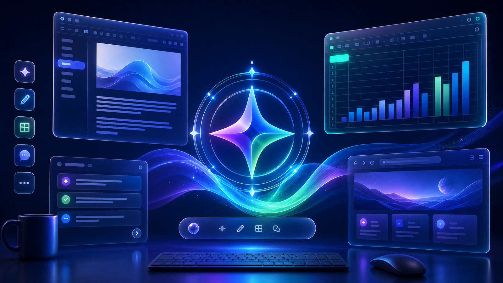 Interface de produtividade com assistente de IA abstrato para representar o Copilot