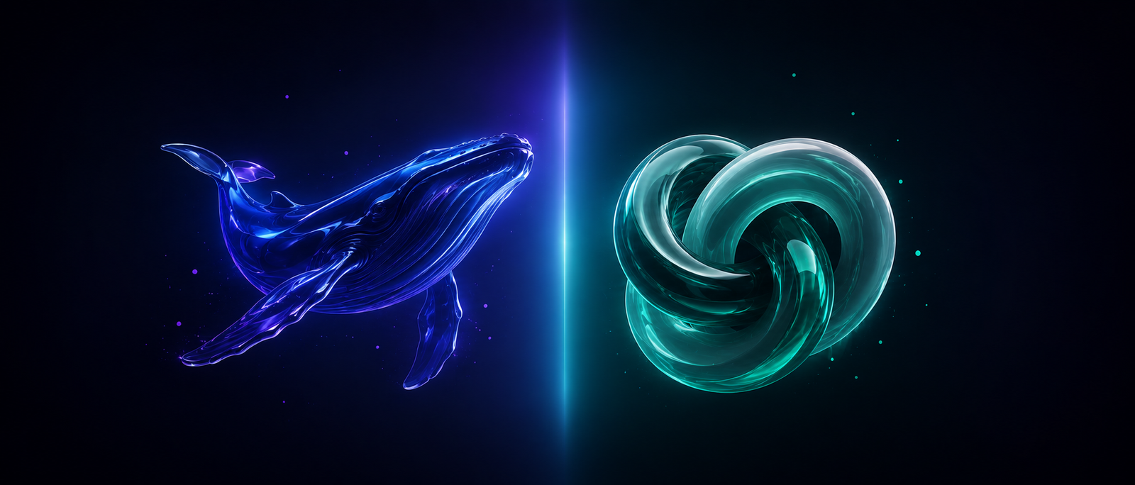 Duas formas abstratas luminosas frente a frente sobre fundo navy, representando a comparação entre o DeepSeek e o ChatGPT