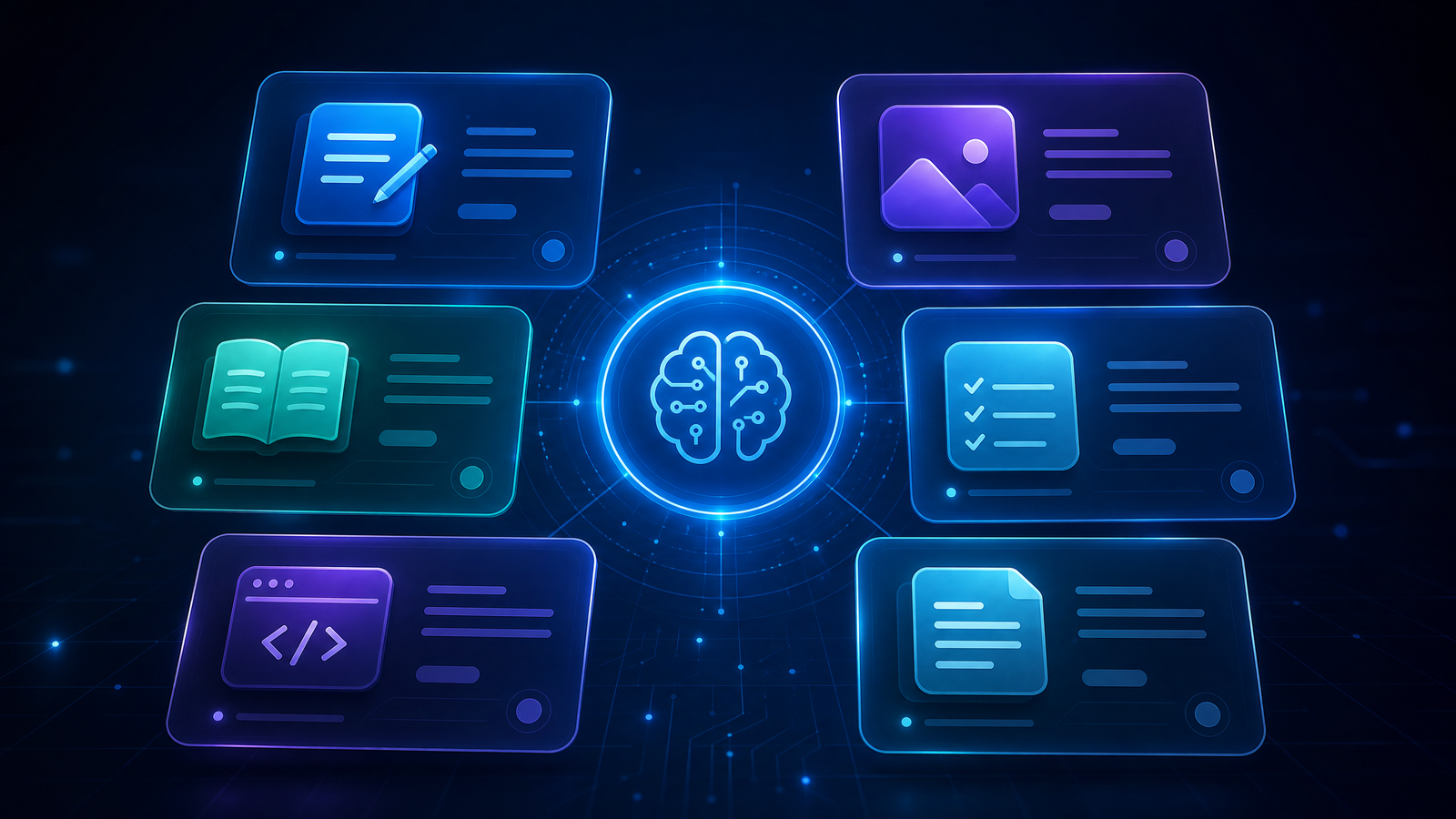 Painel futurista com cartões de ferramentas de inteligência artificial gratuitas
