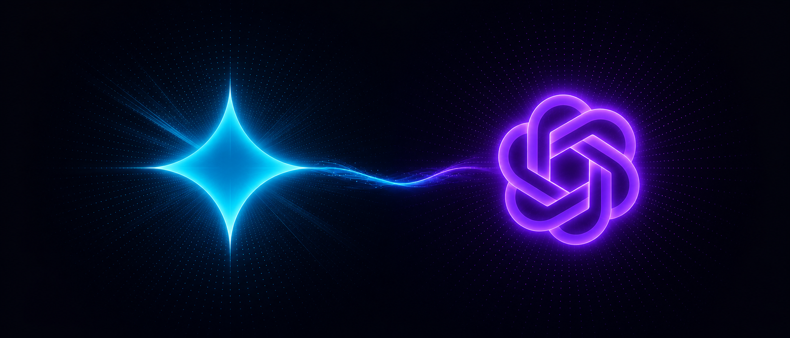 Orb ciano da Google e orb violeta do ChatGPT lado a lado, representando a comparação entre Gemini e ChatGPT