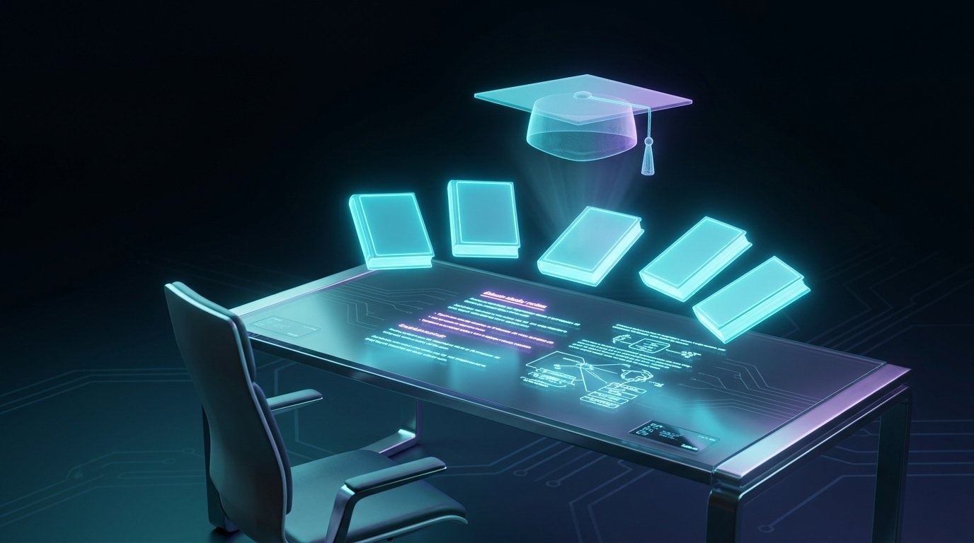 Secretária futurista com livros holográficos e chapéu de formatura a flutuar