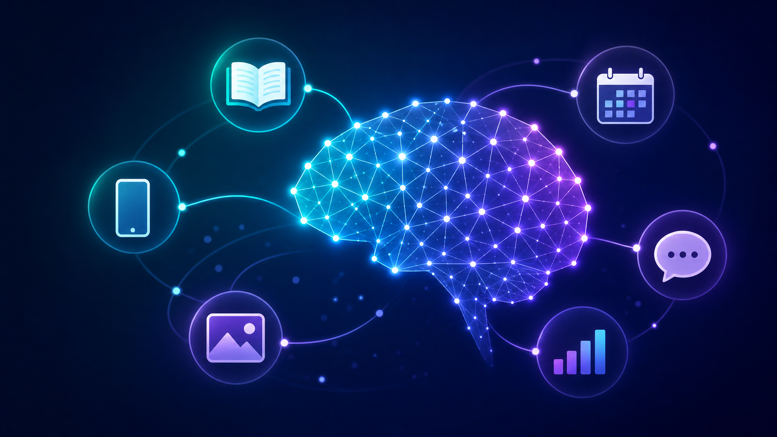 Cérebro neural luminoso ligado a ícones do quotidiano para explicar inteligência artificial