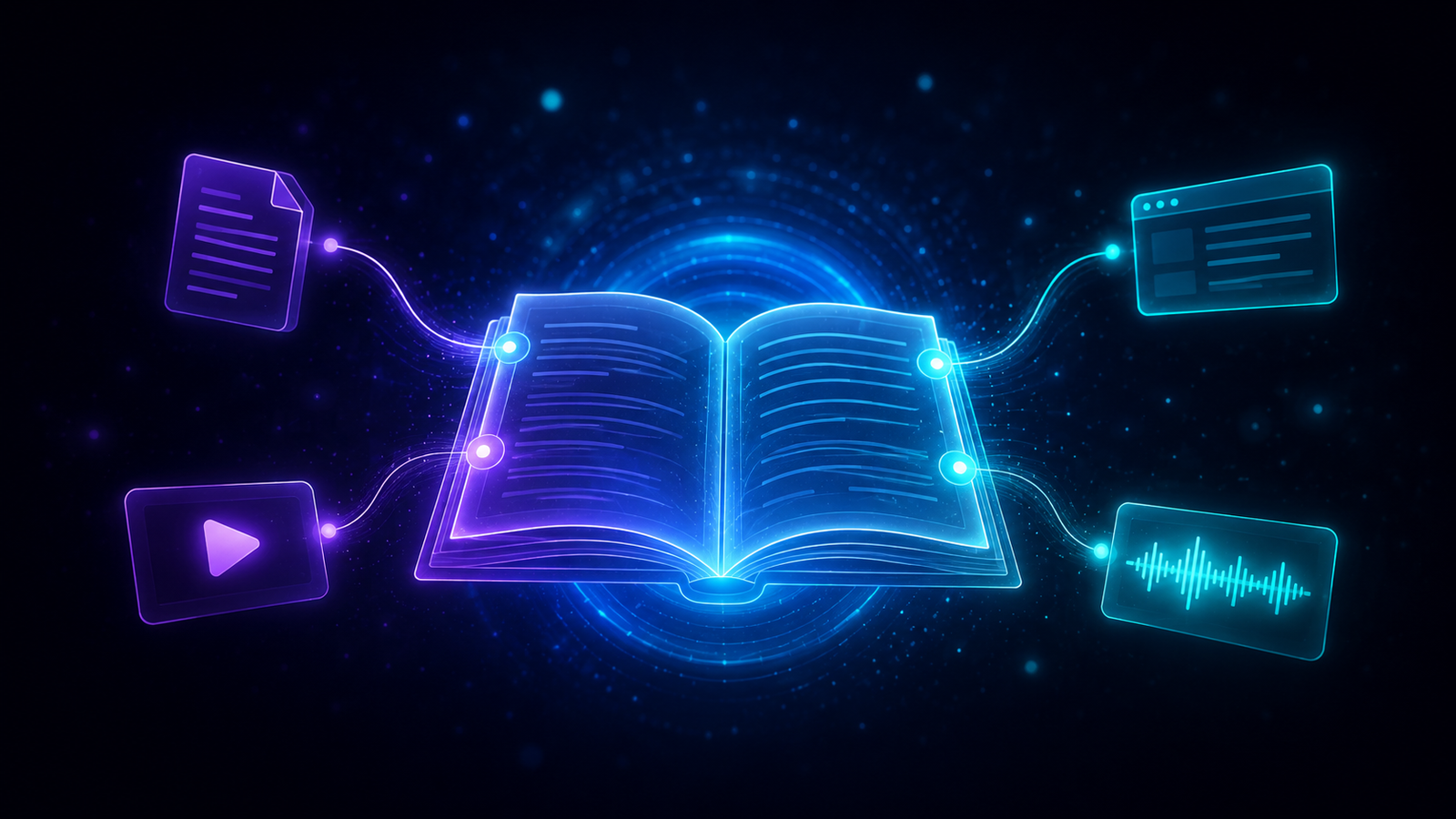 Caderno digital luminoso a reunir PDFs, vídeos e páginas web com citações, a representar o NotebookLM