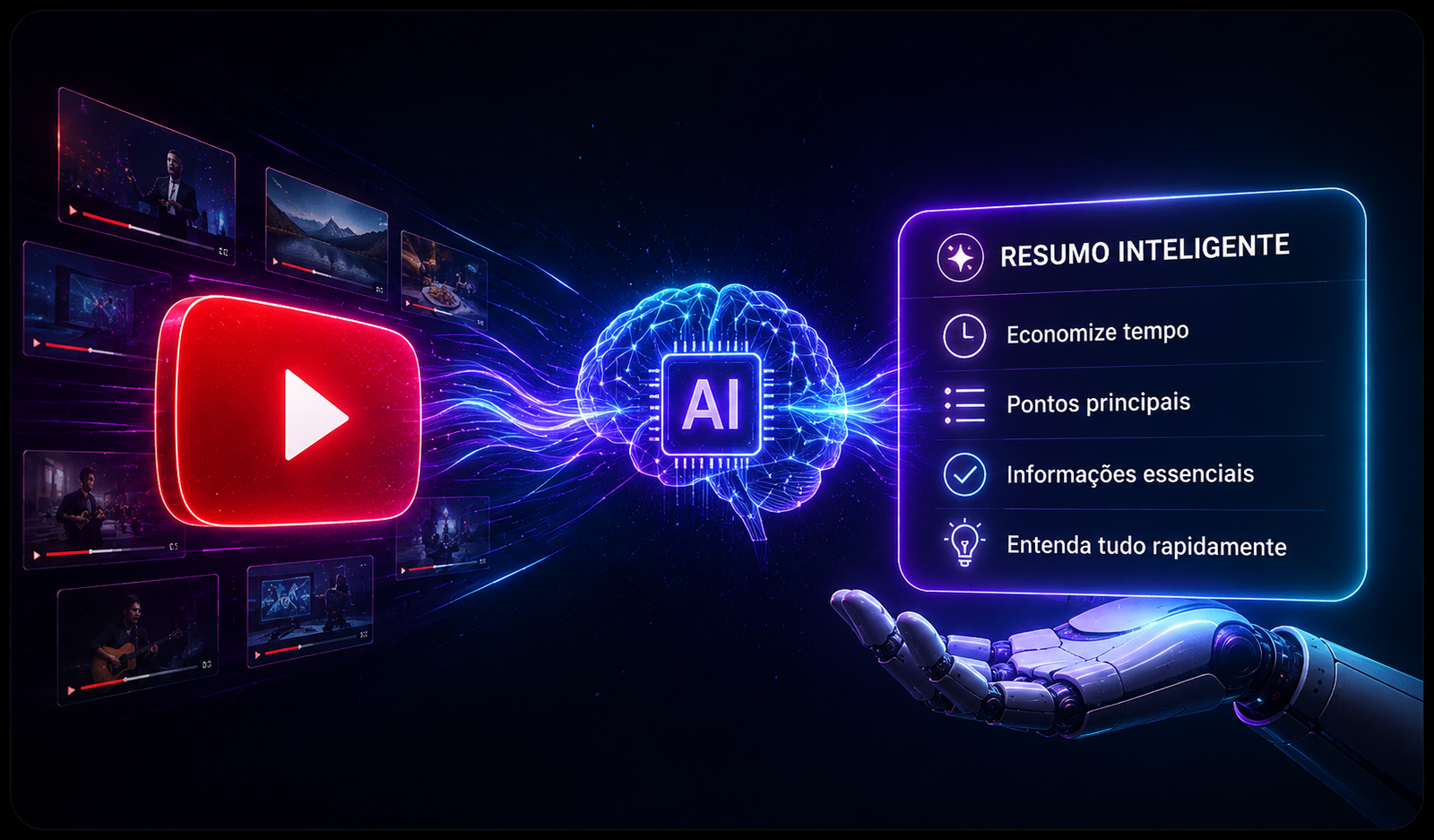 Vídeo do YouTube a ser resumido com IA, transcrita a aparecer num editor